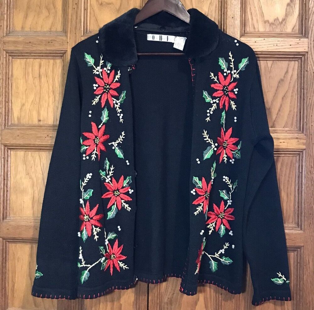 OHI Christmas Sweater Women S Black Removable Collar Poinsettia Holiday Cardigan